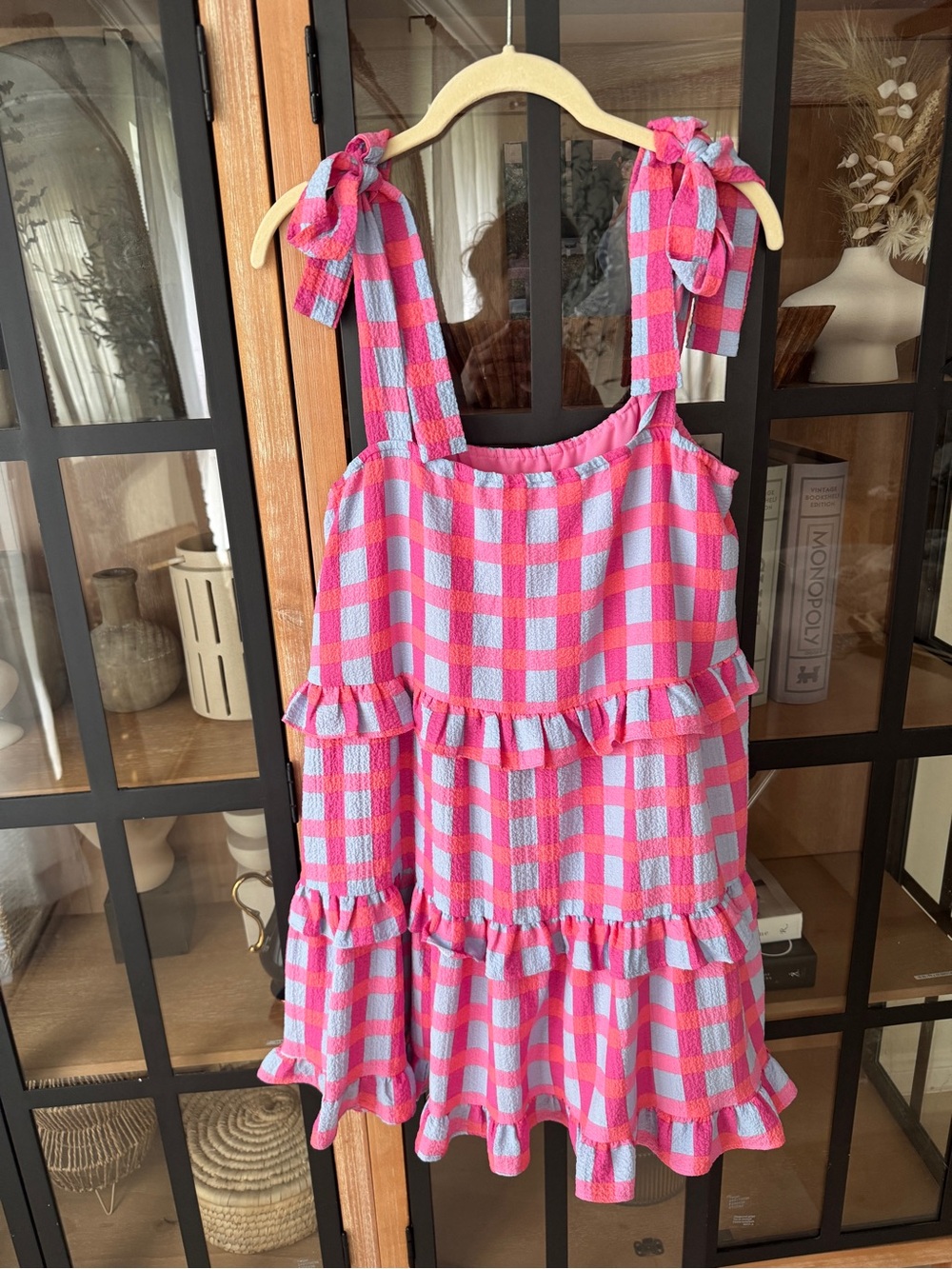 Buddy love gingham ruffle tiered mini dress bows babydoll periwinkle tie straps